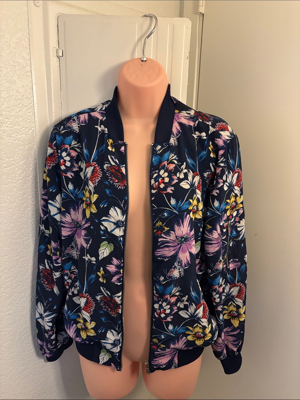 Philosophy Navy Floral Bomber Jacket with Pink, Yellow & Blue Blooms